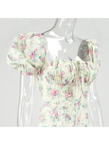 Women's Long Dress With Floral A-Line Print, Square Neckline, French Dresses With Split Hem - Elegant And Sexy - 米黃 - 查看 8