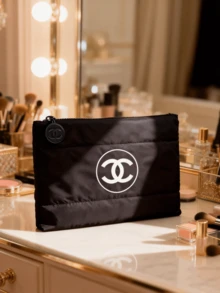 CHANEL Materiel, Makeup Bag, Black Makeup Bag, Down Cotton, Large Capacity, Travel Organizer, Zippered, Portable, Travel Makeup Bag - Black - View 3