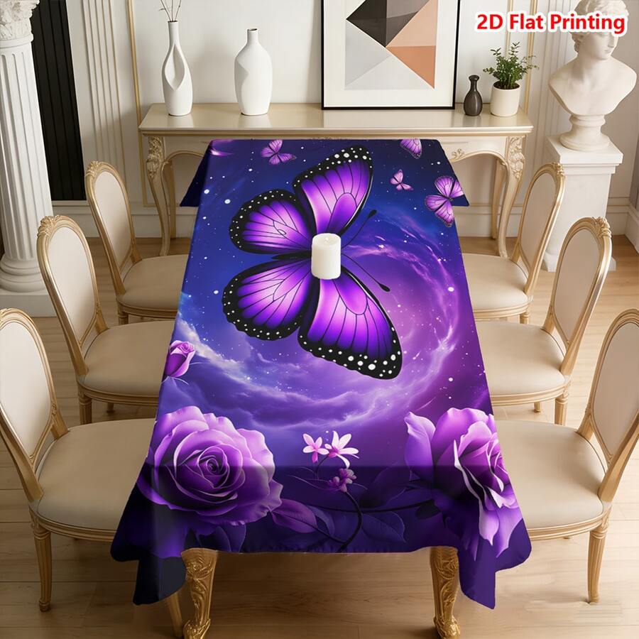 1/20pcs Purple Butterfly Rose Tablecloth, Polyester Outdoor Picnic Camping Wedding Birthday Party Restaurant Self-Service Dinner Spring Home Decor - Multicolor - View 1