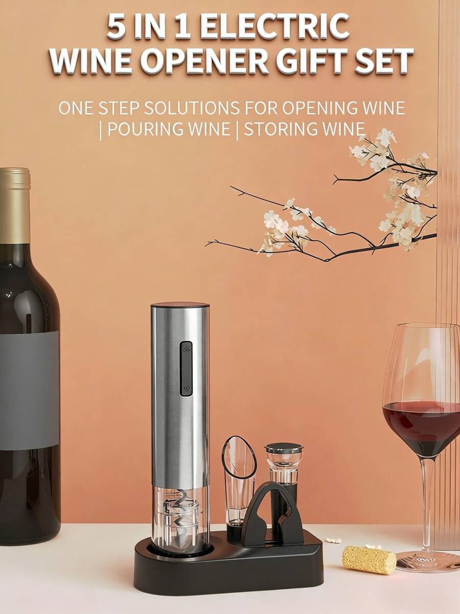 6-In-1 Electric Automatic Rechargeable Bottle Opener, Includes Bottle Opener, Vacuum Stopper, Wine Aerator, Capsule Cutter, Display Stand And USB Charging Cable, Silver