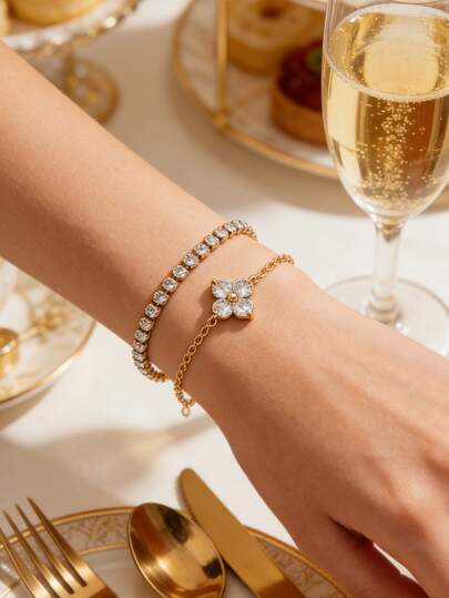 VceTd 两件套简约奢华不锈钢女士手链，采用玻璃镶嵌四叶花设计和网球链款式，适合日常通勤、外出、度假、派对，或作为情人节礼物送给爱人。