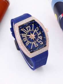 1件男士奢华全镶钻桶形防水发光腕表，配硅胶表带