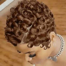 Short Curly Pixie Cut Wig Human Hair For  Women Chocolate Brown Short Human Hair Pixie Cut 13x4 Transparent Lace Front Human Hair Wigs Short Wigs  Color 4# Natural Curly - S4 - Xem 3