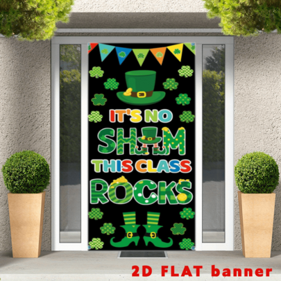 2D PlaneSt. Patrick's Day Classroom Door Cover Features An Irish Lucky Green Clover Banner Hanging On The Irish-Style Porch Background. It Is Suitable For Decorating The Front Door Wall Of A Classroom Or Scho