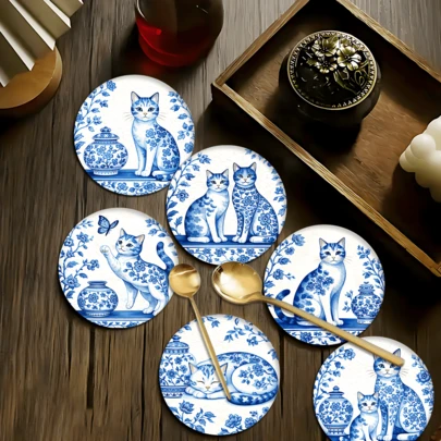 6 pièces Set de sous-verres en porcelaine bleue et blanche avec motif de chat, tapis pour tasses à thé, tasses à eau, verres à vin, tasses à café, set de sous-verres ronds absorbants en gel de silice. Accessoires pour bar à café et cuisine, convient pour la décoration de la maison, les fêtes et les cadeaux de vaisselle, décoration de la maison pour toutes les saisons