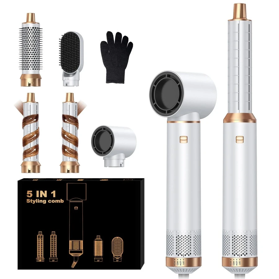 UKLISS 五合一专业热风造型器，沙龙级造型工具 | 5个可拆卸替换刷头 + 3档精准温度设置 | 自动卷发，多种造型（卷发/波浪/直发/柔顺/蓬松/内卷/外卷） | 防毛躁、防静电、持久定型，打造轻盈层次感/刘海造型 | 适用于所有发质（细软/粗硬/卷发/直发） | 送给她的理想礼物（情人节、主显节、圣帕特里克节）