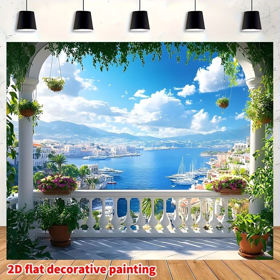 2D Flat - Một banner phẳng 2D sử dụng phông nền chụp ảnh phong cảnh mùa xuân/hè nguyên khối làm từ polyester, thể hiện một thị trấn ven biển với kiến trúc kiểu châu Âu cổ điển và những khu vườn thanh lịch. Banner chụp ảnh đa năng này phù hợp cho... - Nhiều màu - Xem 1