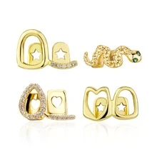 4Pcs Grillz HIP HOP Gold Tooth Grillz Grills Street Rap Teeth Fake Teeth 18K Gold Plated Iced Out Halloween Grillz For Men Women - Multicolor - View 4