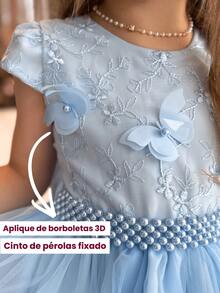 Vestido Juvenil De Festa Premium Aniversário Florista Dama De Honra Jardim Encantado Aplique Borboletas Luxo Cores Rosa Branco Rose Azul - Azul - Visão 4