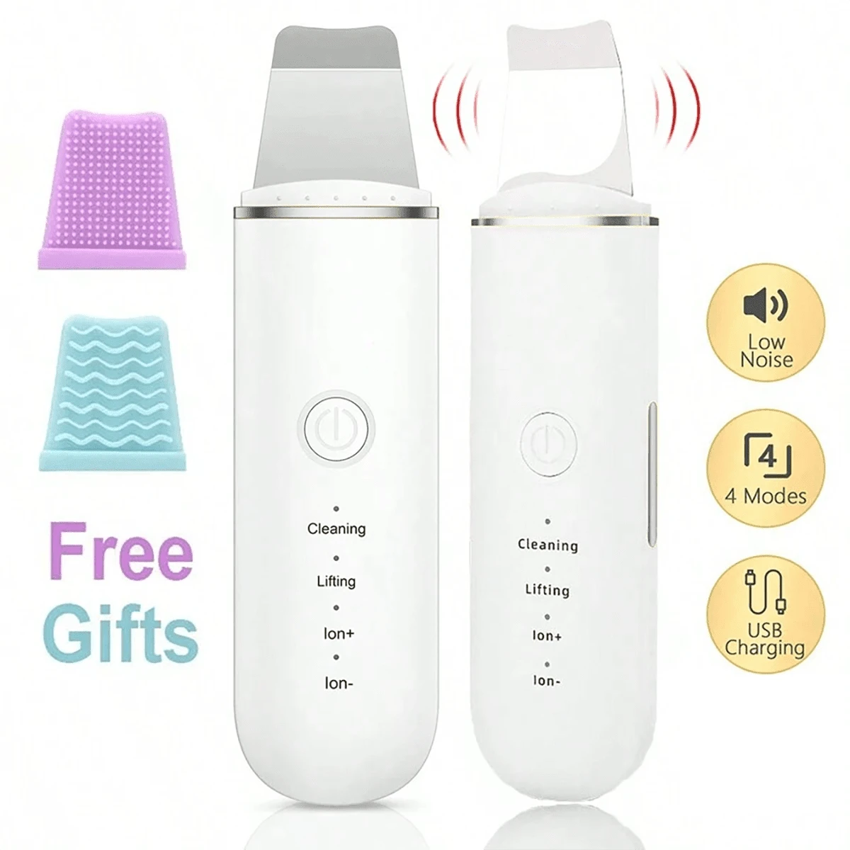 200mAh Ultrasonic Facial Cleansing Brush - USB Rechargeable, Vibrating Blackhead Remover, Scraping Exfoliating Beauty Tool, Economical Skincare Device, Includes 2 Silicone Heads, 4 Modes, Perfect Blackhead Removal Tool - 彩色 - 查看 1