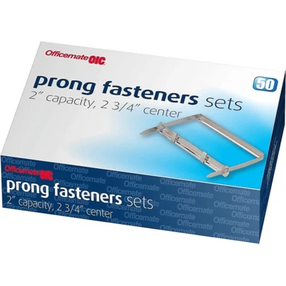 Officemate Prong Paper Fasteners, 2 Inch Capacity, 275 Inch Base, Box Of 50 Complete Sets, (99852), Silver