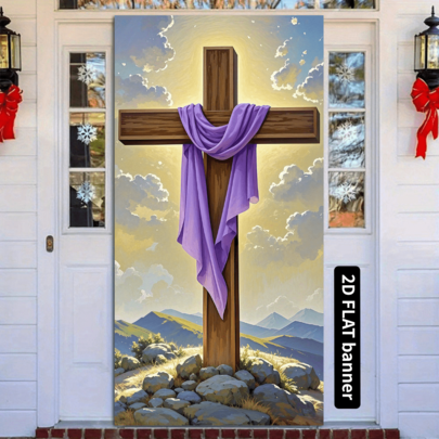 1 pieza Letrero de puerta 2D, de 35x70 pulgadas de poliéster duradero, con diseño de cruce de montañas y bufanda morada, sin necesidad de energía, con diseño de Pascua resucitada, adecuado para bodas