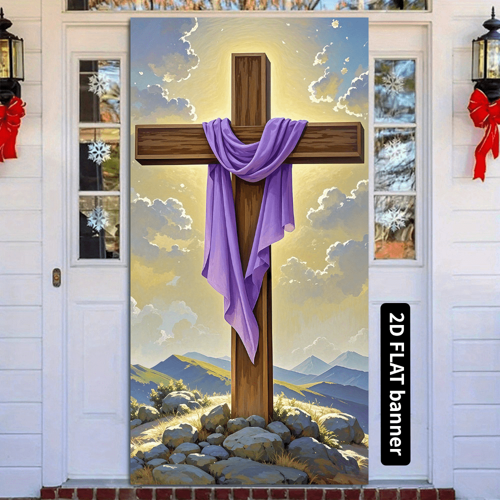 1pc 2D Door Sign, 35x70 Inches Durable Polyester, Mountain Crossing & Purple Scarf Design, No Power Needed, With Risen Easter Design, Suitable For Weddings