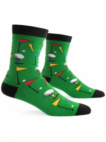 1 Pair Men's Funny Golf Pattern Mid-Calf Socks, Suitable As A Fun Gift For Golfers, Unisex Size, Great For Birthday Or Small Gifts