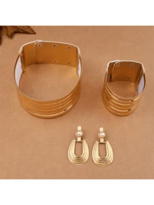 Handmade Leather Vintage Boho Necklace Bracelet Earrings Set, Suitable For Formal Party, Vacation, African, Middle Eastern, Southeast Asian Style - Yellow Gold - View 4