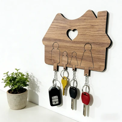 1pc Wooden Key Holder Hook, 4-Slot Family Member Shaped Storage Rack. Precisely Fits Whole Family Keys, Display Rack, Suitable For Entryway, Front Door, Key Organizer, Warm Wall Decor Hanger - Heart Cutout + House Outline, Cozy Feeling