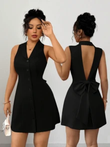 女士优雅修身无袖 Polo 领 A 字连衣裙，露背设计，饰有蝴蝶结。 - 黑色 - 查看 5