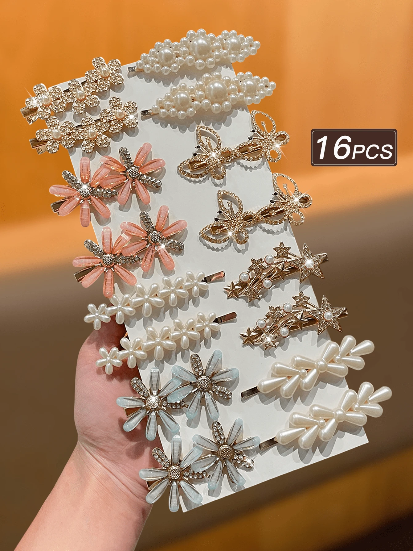 16pcs/Set Women's Rhinestone Faux Pearl Flower Claw Clips, Hair Clips, Hair Barrettes, Hair Barrette, Party Use - Multicolor - View 1