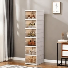 1Pcs 6 Tier Clear Plastic Shoe Storage Box Stackable Foldable Boxes Trainer Organiser - White - View 2