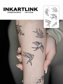 INKARTLINK 1张自然系列装饰贴纸，图案包括鸟、蝙蝠、蜜蜂和金鱼。防水临时人体彩绘纹身，可持续1-2周，果汁纹身图案，适合秋冬季节身体装饰，潮流达人必备，男女通用。 - 黑色 - 查看 3