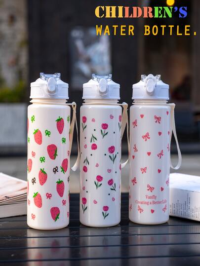 1pc 750ml Kids Water Bottle, Student Water Bottle, Cute Gift For Girls & Boys, Straw Cup, Suitable For Outdoor, School, Sports, Back To School, Graduation, Portable, Bow, Cherry, Heart Themed Cup