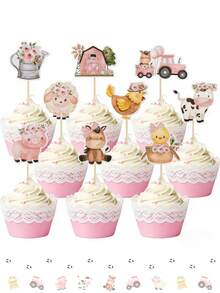 27个农场动物纸杯蛋糕装饰插牌，粉色农场动物纸杯蛋糕装饰，农场动物生日纸杯蛋糕装饰插牌，适合动物主题婴儿派对、农场主题生日派对用品 - 多色 - 查看 9