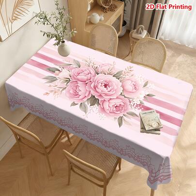 1/20pcs Tablecloth Pink Floral Watercolor Design With Lace Borders Polyester Fabric Machine Made Perfect For Picnics Camping Weddings Birthdays Restaurants And Buffets Spring Home Decor