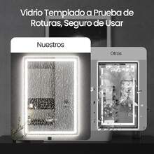 Espejo de baño táctil inteligente con luz led, espejo cuadrado, botón de ajuste de temperatura tricolor libre de toque con un solo clic, función inteligente antiniebla, pantalla de función de memoria de tiempo, 70 * 50 cm, montado en la pared, adecuado para duchas, dormitorios, Cosméticos - Blanco - Ver 6