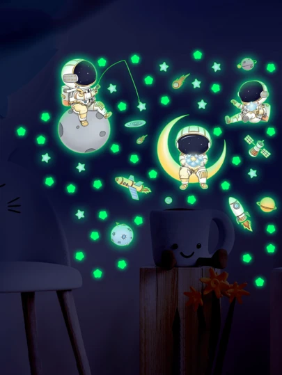1 Set Astronaut & Star Glow-In-The-Dark Wall Stickers, Suitable For Kids Room, Nursery, Cartoon Cosmic Space Background, Removable Self-Adhesive