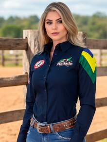 Women's Country Rada Shirt Embroidered Barretos Flag - Màu xanh hải quân - Xem 3