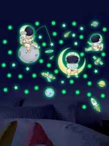 1 Set Astronaut & Star Glow-In-The-Dark Wall Stickers, Suitable For Kids Room, Nursery, Cartoon Cosmic Space Background, Removable Self-Adhesive - Green - View 5