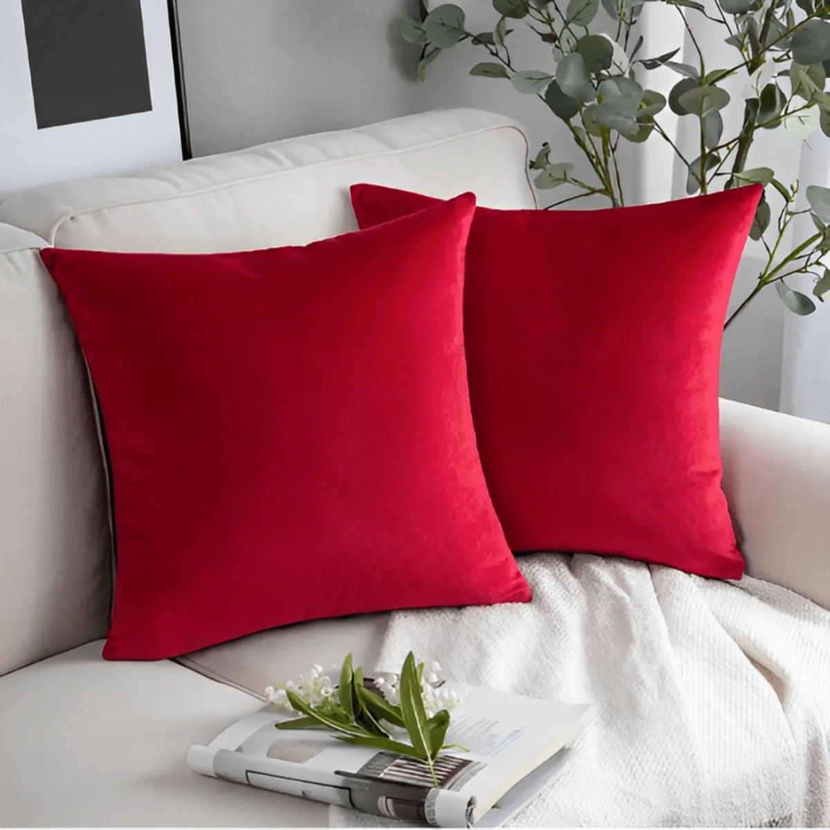 Set Of 2 Cushion Covers 45x45 Premium Smooth Velvety Suede With Invisible Zipper, Decorative - Red - View 1