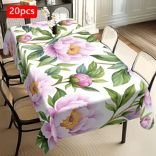 1/20pcs Pink Peony Floral Pattern Polyester Tablecloth, Woven, Suitable For Picnic, Camping, Wedding, Birthday, Buffet, Spring Home Decor - Multicolor - View 17