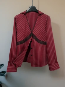 Elegant Women's Fine Striped Long Sleeve Shirt, Deep V-Neck Design, Decorated With Delicate Contrast Lace Details, Spring/Summer - Red - View 3