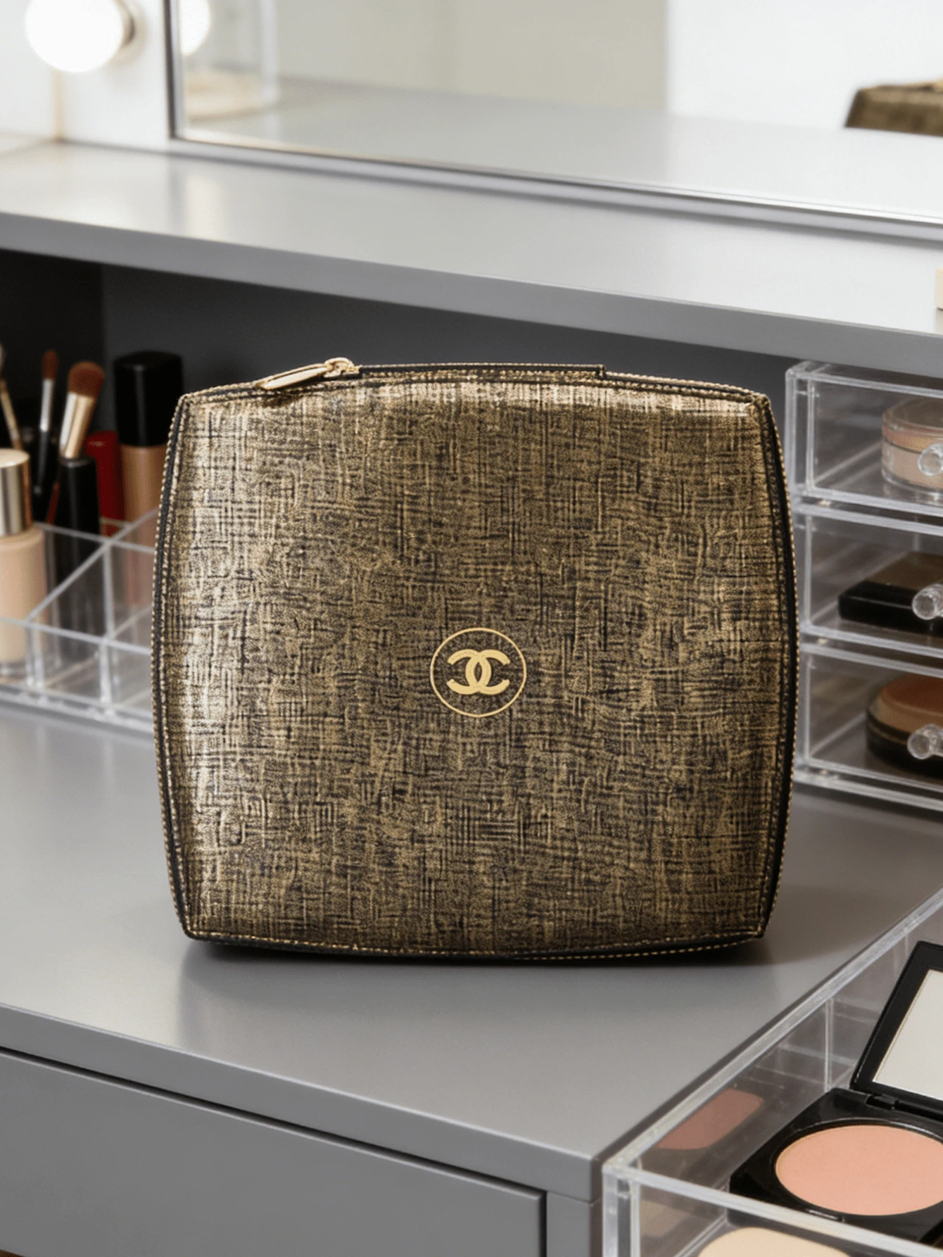 CHANEL Túi đựng mỹ phẩm bằng vải canvas, thêu đen vàng, hộp đựng trang sức, hộp đựng đồ dùng mỹ phẩm, hộp du lịch, hộp đựng thêu, vải canvas, đen vàng, hộp đựng đồ dùng mỹ phẩm, hộp đựng trang sức, hộp xách tay - Đen và vàng - Xem 1