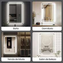 Espejo de baño táctil inteligente, espejo LED cuadrado, equipado con botón táctil inteligente y función automática de eliminación de niebla con un solo clic y pantalla de tiempo, tres temperaturas de color se pueden ajustar libremente, 70 * 50 cm, blanco, montado en la pared, adecuado para duchas, dormitorios, tocadores. - Blanco - Ver 11