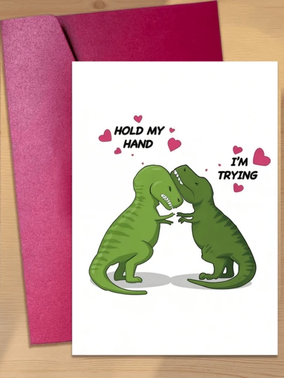 1pc Cartoon Dinosaur, Penguin, Cat, Puppy, Bear Pattern "Hold My Hand, I'm Trying" Greeting Card With Envelope, Conveys Love And Their Positive Influence. Valentine's Day And Anniversary Card To Express Gratitude And Appreciation For Each Other's Companionship.