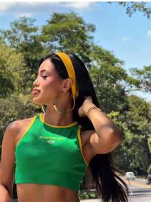 Brazilian Ribbed Tank Top, Women's Casual Casual Blouse With Front Print - 綠色 - 查看 2