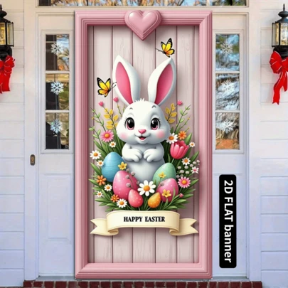 2D Door Decor Banner, Easter Bunny Door Decor Set - White Rabbit & Colorful Eggs Pattern, Polyester Wreath Suitable For Indoor & Outdoor Decoration, Perfect For Easter & Valentine's Day Parties