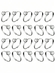 50 piezas Anillos de compromiso de diamante plateados, anillos para novia y dama de honor, adecuados para decoración de mesa de boda, decoración de despedida de soltera, suministros para fiestas, decoración de regalos, decoración de cupcakes - Plateado - Ver 2