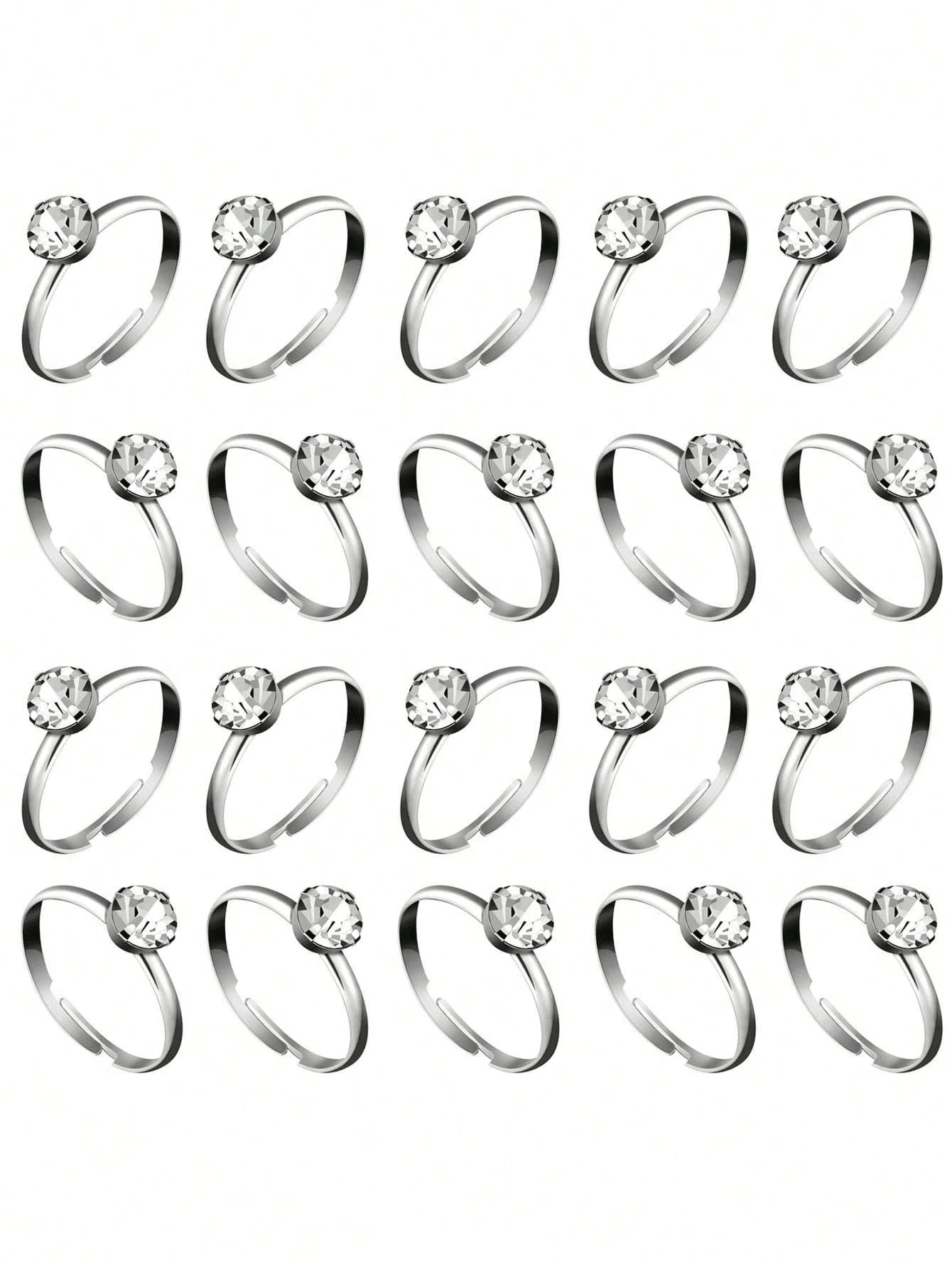 50 piezas Anillos de compromiso de diamante plateados, anillos para novia y dama de honor, adecuados para decoración de mesa de boda, decoración de despedida de soltera, suministros para fiestas, decoración de regalos, decoración de cupcakes
