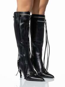 Luxury Fashion Women's Knee High Boots Rivets Tassels Stilettos High Heels Shoes Motorcycle Dressy Party Boots - 黑色(2) - 查看 3