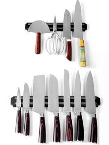 Puissant support mural magnétique de rangement de couteaux de cuisine, support de couteaux en métal aimanté et ABS, outils de cuisine - Noir - Voir 6