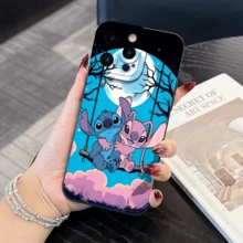 Disney Stitch And Angel Patterned Phone Case With A Night Sky And Moon Design. Compatible With IPhone 17 16 15 14 13 12 And 11 Pro Models With Shockproof Protection. A Perfect Gift For Family Friends Birthdays Holidays And Special Occasions. - 黑色 - 查看 2