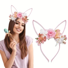 1pc Boho Style Rabbit Ear & Flower Headband | Cute Pink Bow Plush Headband, Suitable For Easter And Parties, Mixed Knit Fabric - Multicolor - View 11