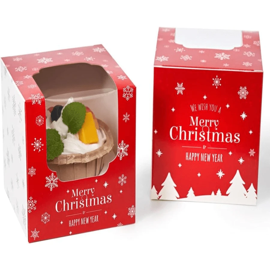Happyhiram Christmas Cupcake Boxes 200 Pcs Bulk, Individual Cupcake Box Red And White With Nnsert And Window For New Year And Holiday For Ornament Gift Boxes Cocoa Bombs Packaging For Party Favors - MàuE - Xem 1