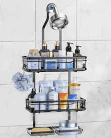 CADIMAC 5pcs Hanging Shower Caddy, Over Shower Head Bathroom Storage Rack, Shampoo & Shower Gel Organizer With Soap Holder & Towel Hooks, Rust-Proof No Drilling Required Adjustable Hanging Shower Shelf, Bathroom Accessories - 黑色 - 查看 1
