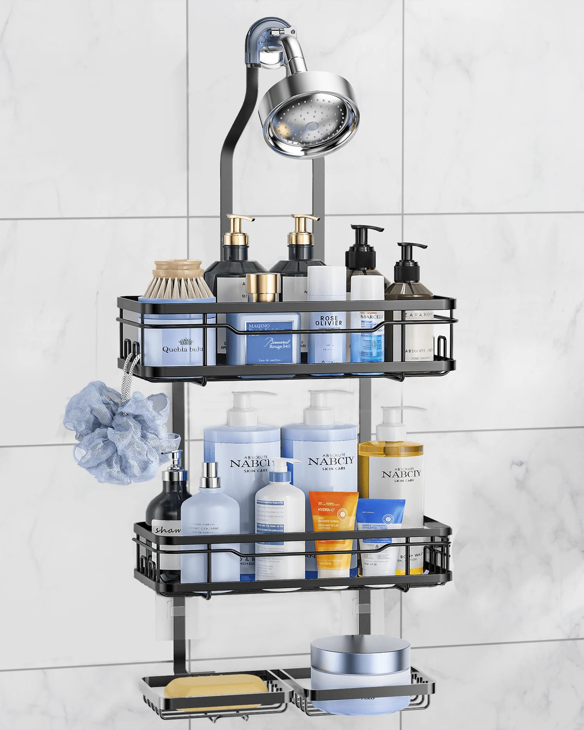CADIMAC 5pcs Hanging Shower Caddy, Over Shower Head Bathroom Storage Rack, Shampoo & Shower Gel Organizer With Soap Holder & Towel Hooks, Rust-Proof No Drilling Required Adjustable Hanging Shower Shelf, Bathroom Accessories - 黑色 - 查看 1