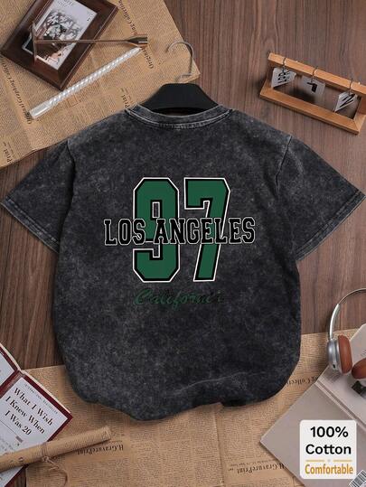 女士超大款复古黑色水洗短袖T恤，趣味字母数字印花，宽松显瘦