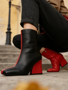 Women's BLACK RED COLOR BLOCKED CHUNKY BOOTIE  Chunky Heel Square Toe Short Boots Ankle Boots - Màu hỗn hợp - Xem 3